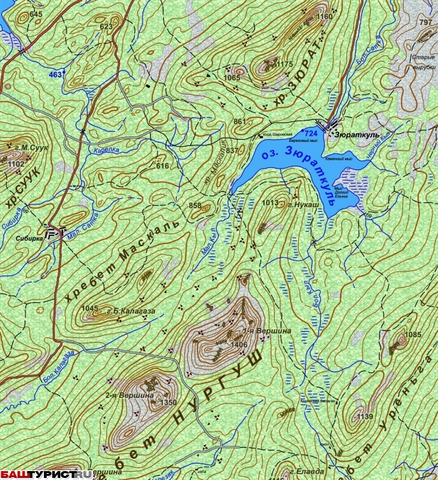 Карта хребтов Нургуш, Маскаль. Озеро Зюраткуль