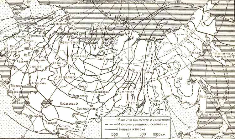 Схематическая карта магнитного слонения на территории СССР