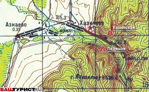 Карта района д.Хазиново с пещерами Хазинская