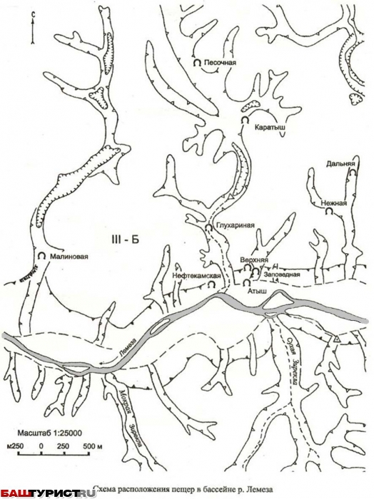 Схема расположения пещер в бассейне реки Лемеза
