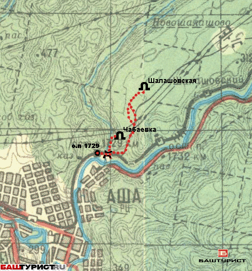 Расположение Киселевской и Шалашовской пещеры на карте. Аша