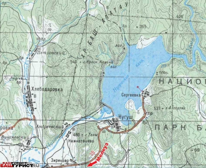 Нугушское водохранилище на карте