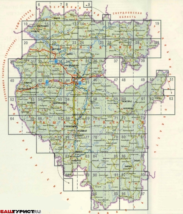 Башкортостан с границами административных районов