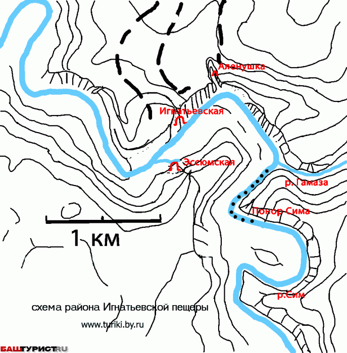 Расположение пещер Эссюмская, Игнатьевская, Аленушка карта схема района. Река Сим